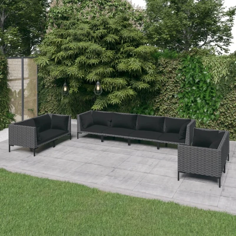 vidaXL 8-deligt loungesæt i polyrattan, mørkegrå med sorte hynder