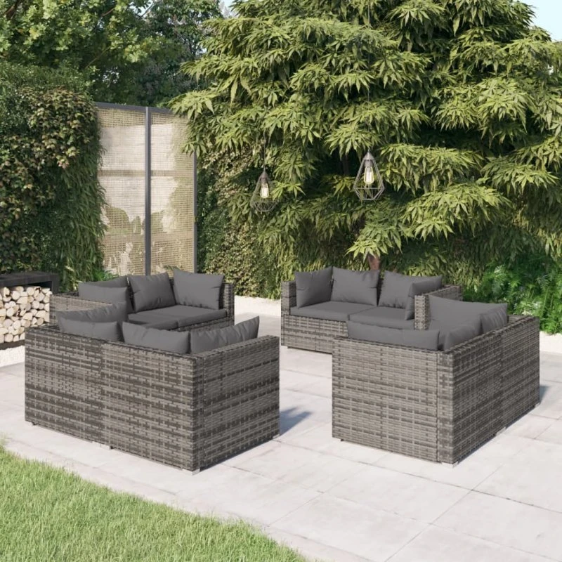 vidaXL 8-deligt loungesæt med hynder i polyrattan grå