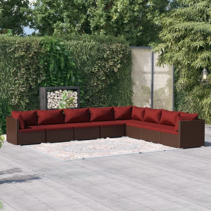 vidaXL 8-deligt loungesæt i polyrattan brun med kanelrøde hynder