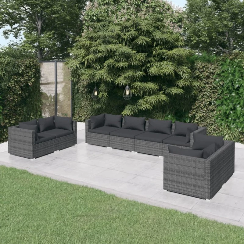vidaXL 8-deligt loungesæt med polyrattan, grå, med hynder