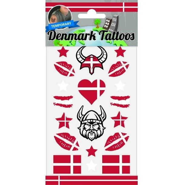 Dannebrog 12 stk. midlertidige tatoveringer Rød/Hvid 100x160 mm
