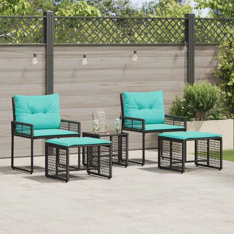 vidaXL Have møbel sæt 5 pcs sort/turkis polyrattan & akacietræ