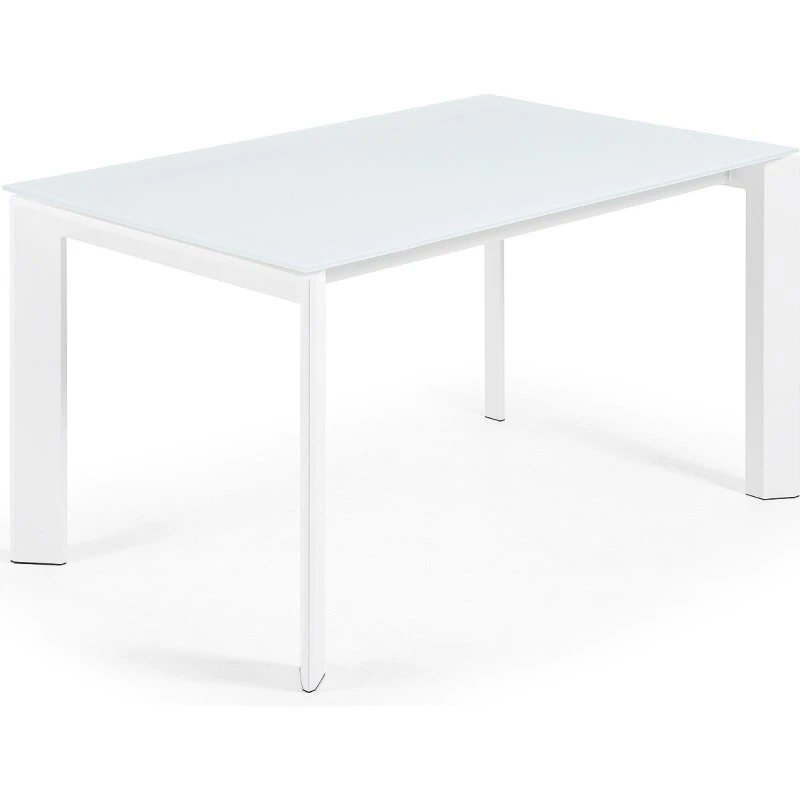 Kave Home Axis spisebord 140-200 x 90 cm, hvidt glas og stål med butterflybordplade