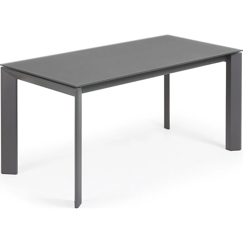 Kave Home Axis spisebord med udtræk, gråt hærdet glas & mørkegrå stål 160(220)x90 cm