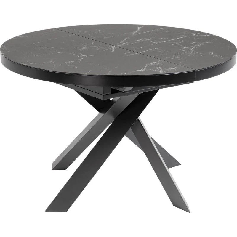 Kave Home Vashti spisebord, glas & grå porcelæn, sort stål, Ø120(160) cm