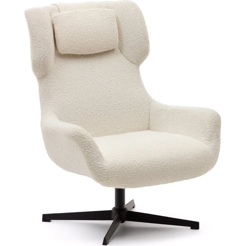 Kave Home Zalina hvid chenille-lænestol med sort stål, H102 x B83,5 x L88 cm
