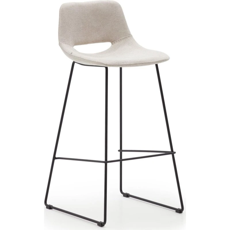 Kave Home Zahara barstol, beige stof, sort stål, med ryglæn og fodstøtte