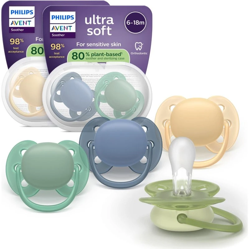 Philips Avent Ultra Soft Sut 6-18 Måneder, Blå/Gul/Grøn, 4 stk.