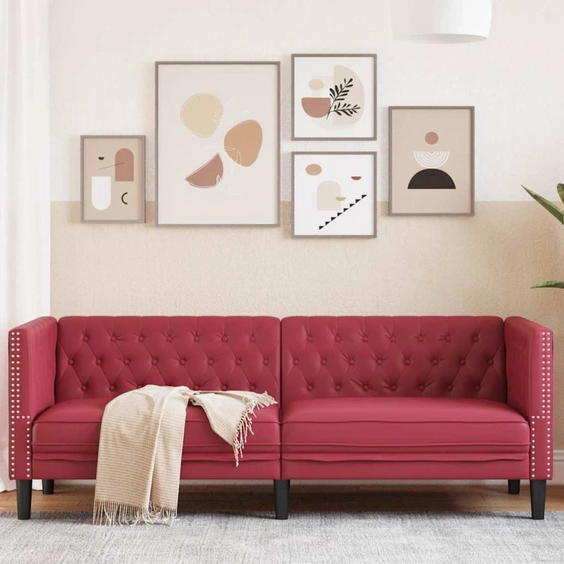 vidaXL 3-personers Chesterfield-sofa i kunstlæder, vinrød