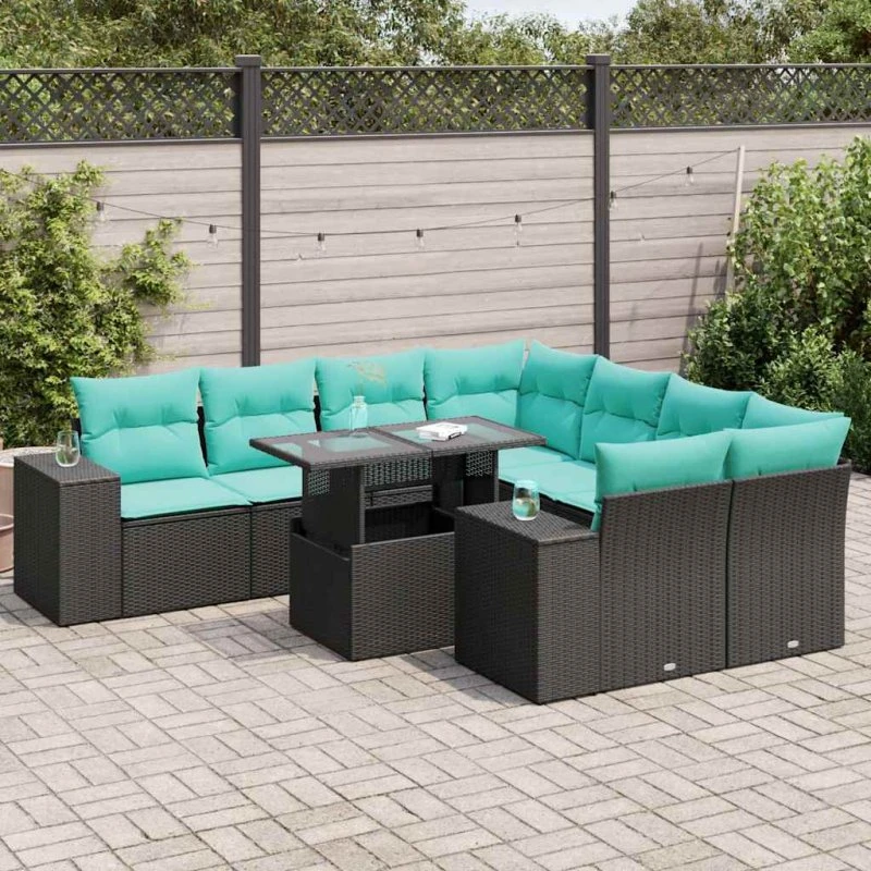 vidaXL havesofasæt 9 dele i sort polyrattan og akacietræ