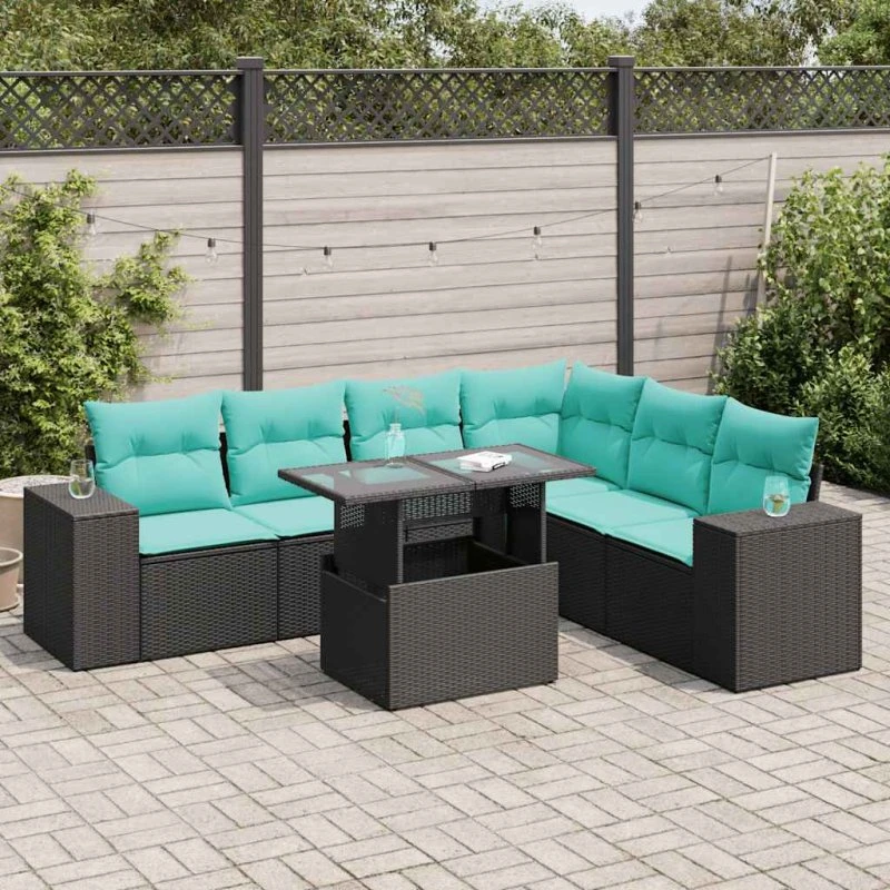 vidaXL havesofasæt 7 dele i sort polyrattan og akacietræ