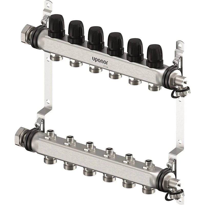 Uponor Vario S fordelerrørsæt 6 kredse, 1" tilgang, rustfrit stål