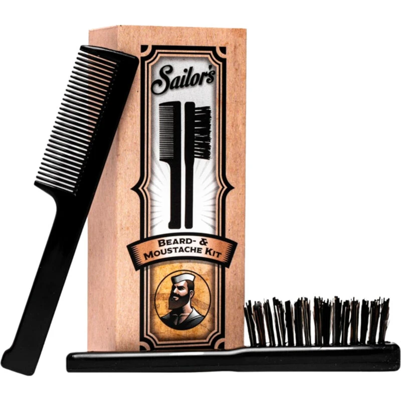Sailor's Beard & Moustache Kit – sort rejsekomplet kam og naturbørste