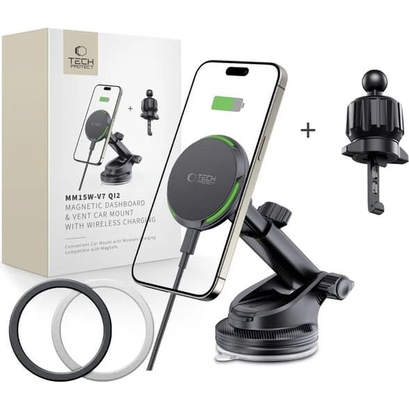 Tech-Protect MM15W-V7 QI2 MagSafe Bilholder & Trådløs Oplader, Sort