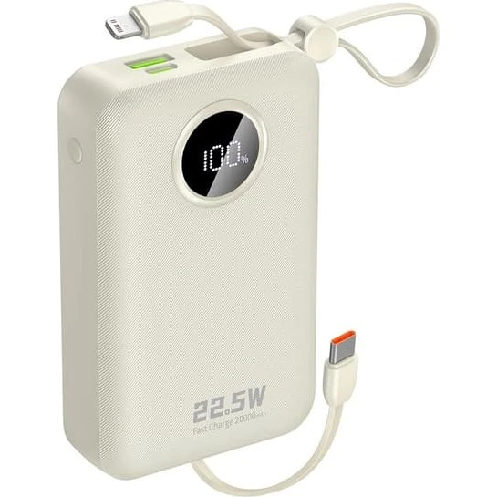 Dudao K14+ Powerbank 20000mAh 22.5W med indbyggede kabler - Hvid