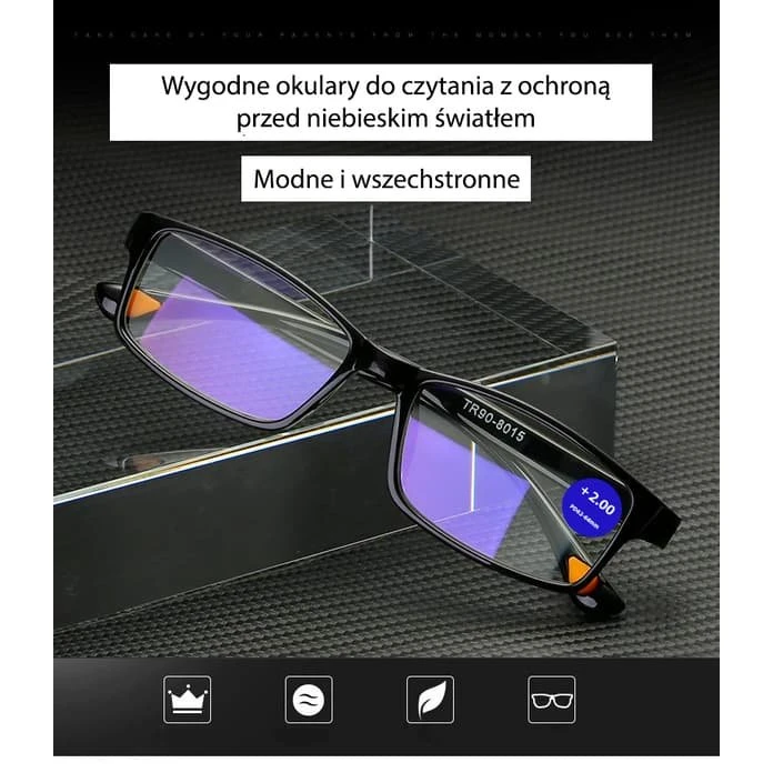 Læsebriller Optik +1,5 D asfærisk med blålysfilter, sort