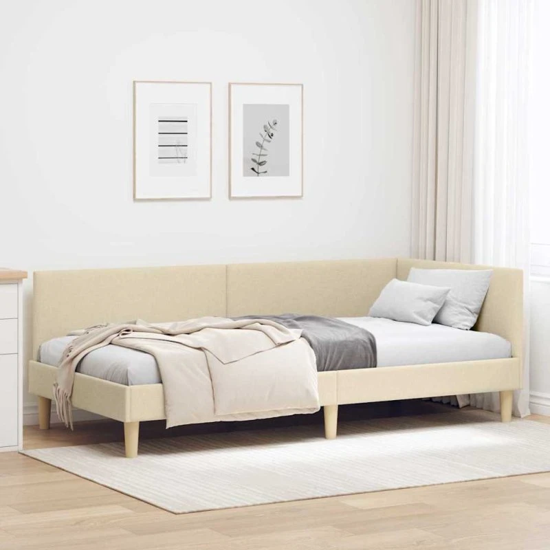 vidaXL Hjørnesengramme Creme 90x190 cm - Stof og Krydsfiner