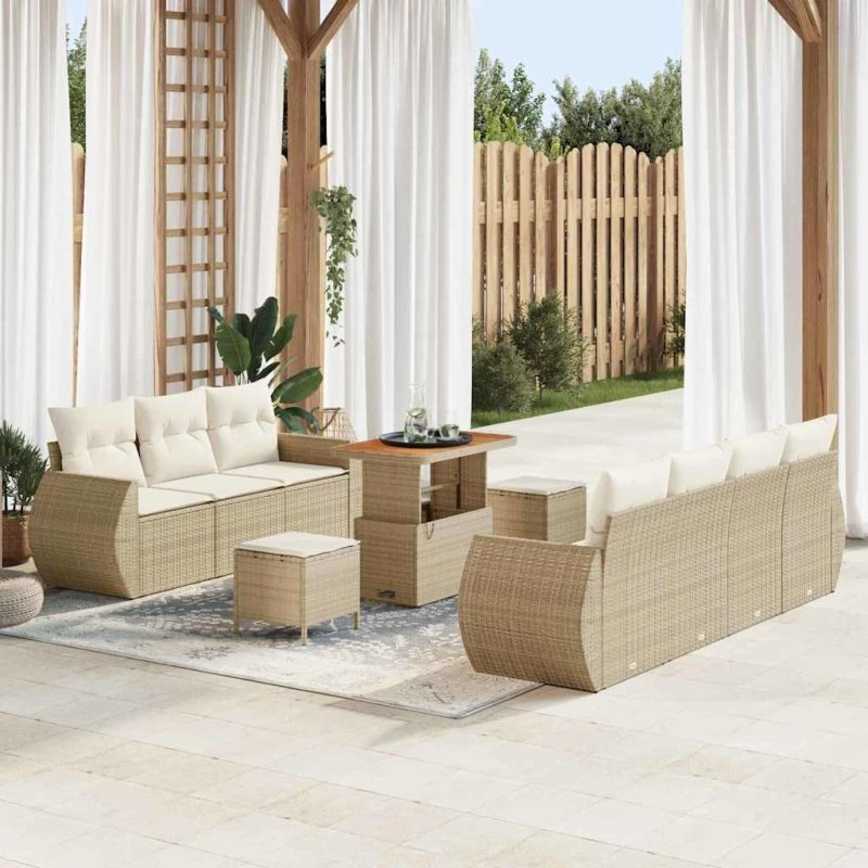 vidaXL Havesofa Sæt med opbevaring, 10 dele, Beige polyrattan