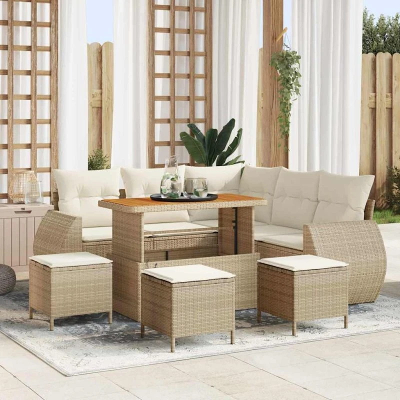 vidaXL Havesofa Sæt 9 stk. Beige Polyrattan med Hæve-sænke-bord