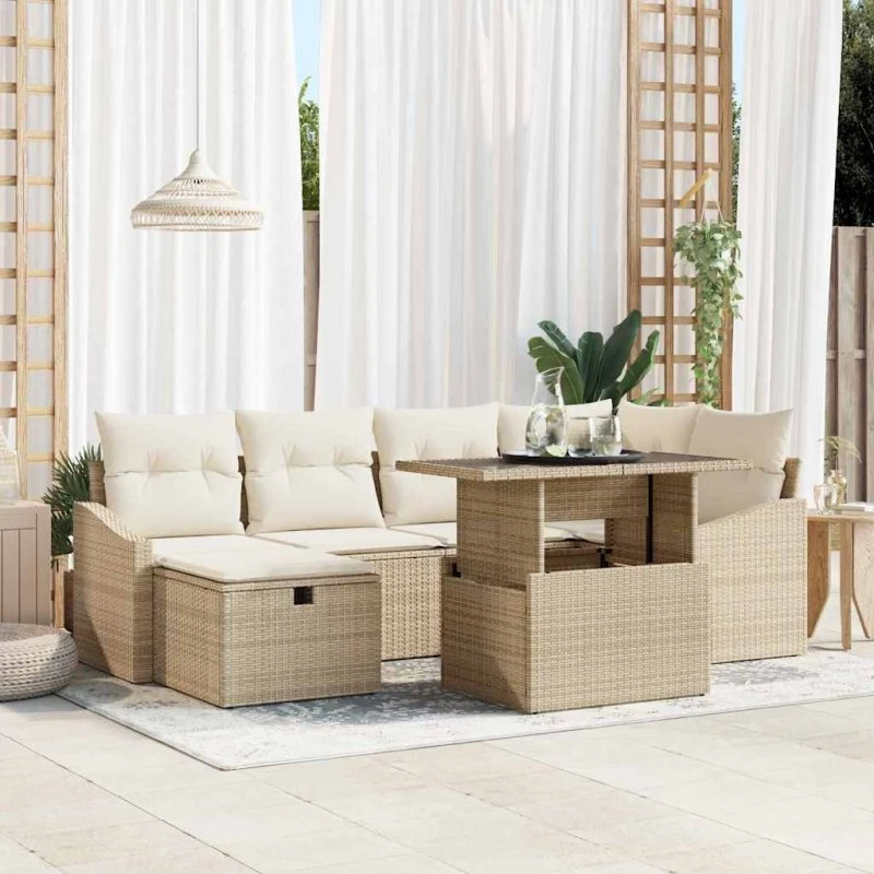 vidaXL Havesofa Sæt 7 stk. i beige polyrattan