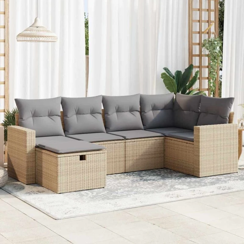 vidaXL Havesofasæt 6 dele i beige polyrattan med hynder