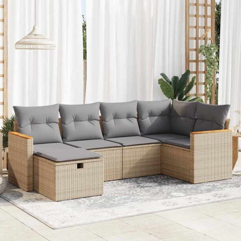 vidaXL havesofasæt 6 dele i beige polyrattan med hynder