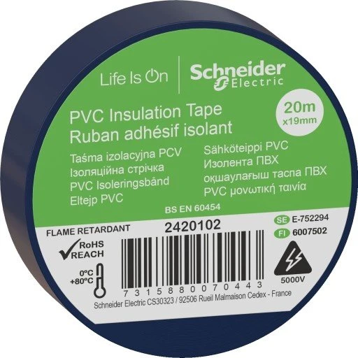 Schneider PVC isoleringstape, 19 mm x 20 m, blå (8 stk)