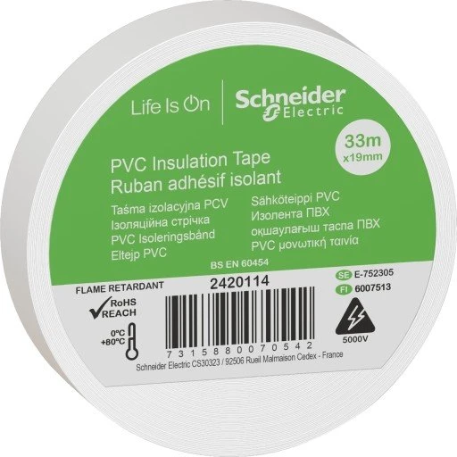 Schneider PVC isoleringstape, 19 mm x 33 m, hvid (8 stk.)
