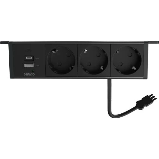 Deltaco underbordsstikdåse, 3 udtag + USB-A & USB-C, sort
