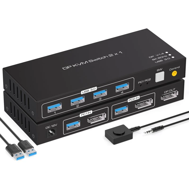 NÖRDIC 2-in-1 DisplayPort KVM-switch, 8K60Hz/4K144Hz, 4x USB-A