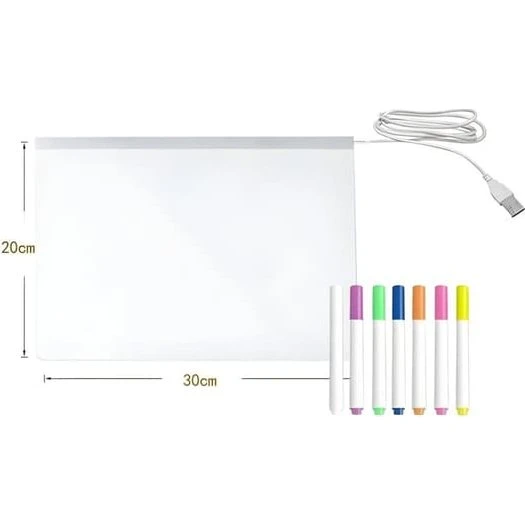 LED Tegnetavle 30x20 cm med USB, Stativ og 7 Tuscher