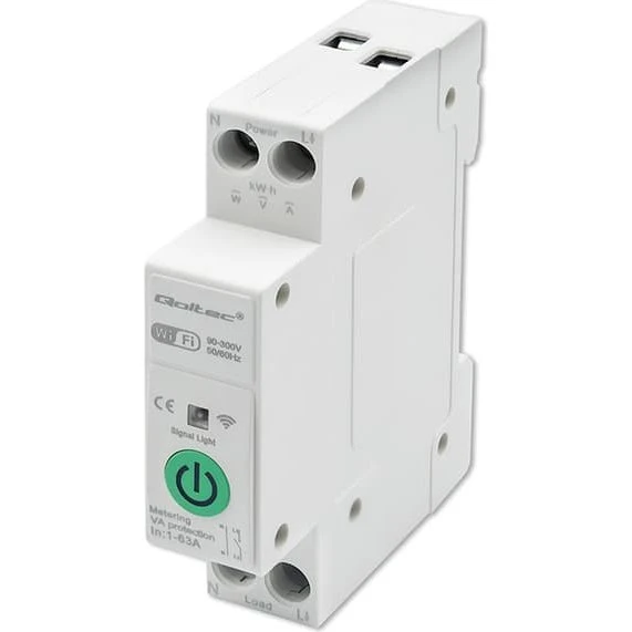 Qoltec 63A WiFi DIN-skinne relæ med elmåler (Tuya/Smart Life)