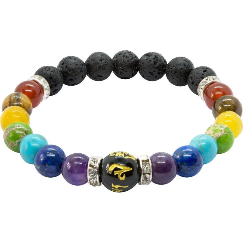 Chakra armbånd med farverige perler og gulddetaljer