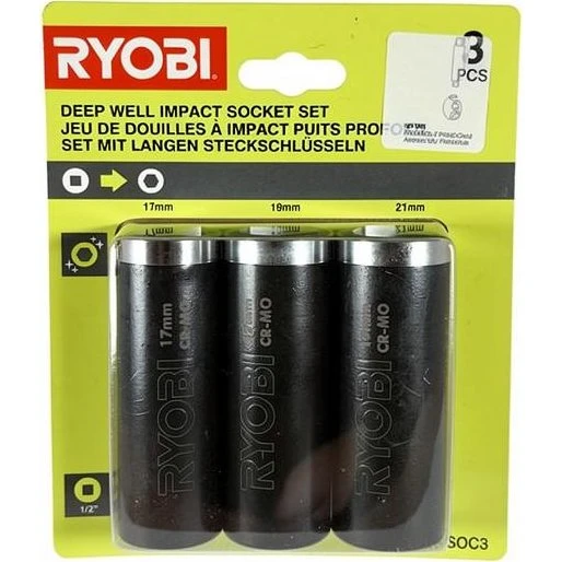 Ryobi RAKPISOC3 Stødsokkelsæt 3 stk. 1/2" (17/19/21 mm)