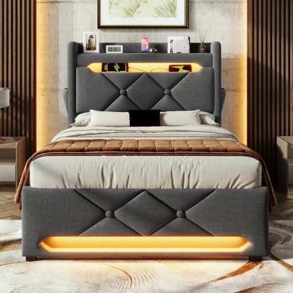 Polstret seng 90x200 cm med LED & USB - Grå Linnedstof