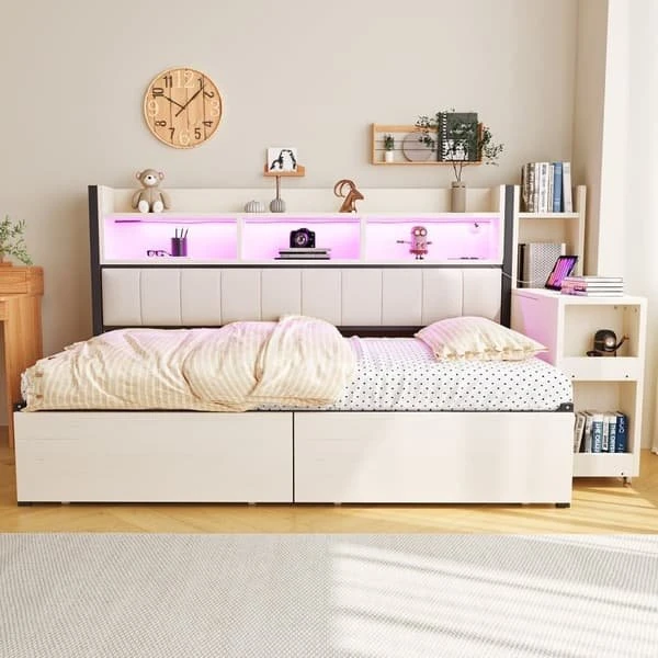 Metal Daybed 90x200 i hvid med opbevaring og udtræksbord