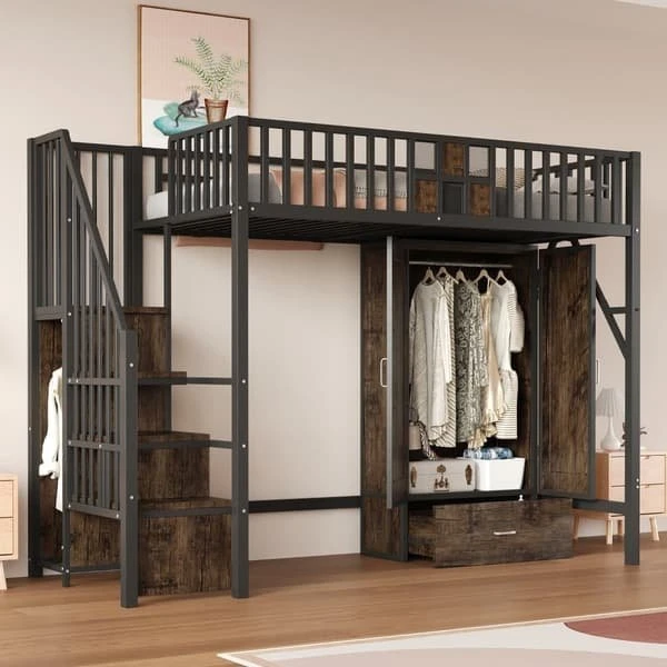 Metal Hems Seng 90x200 cm - Loftsseng med garderobeskab, sort