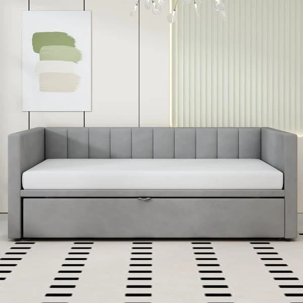Polstret sovesofa 90/180x200 cm i gråt fløjlsstof med lamelbund