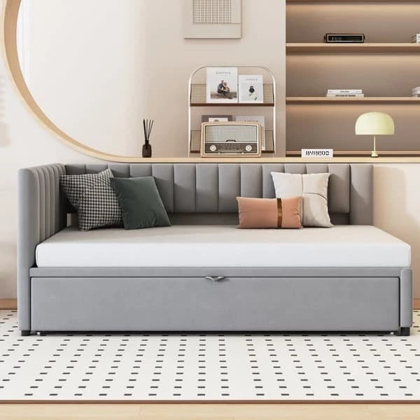 L-formet fløjl sovesofa 90/180x200 cm - Grå