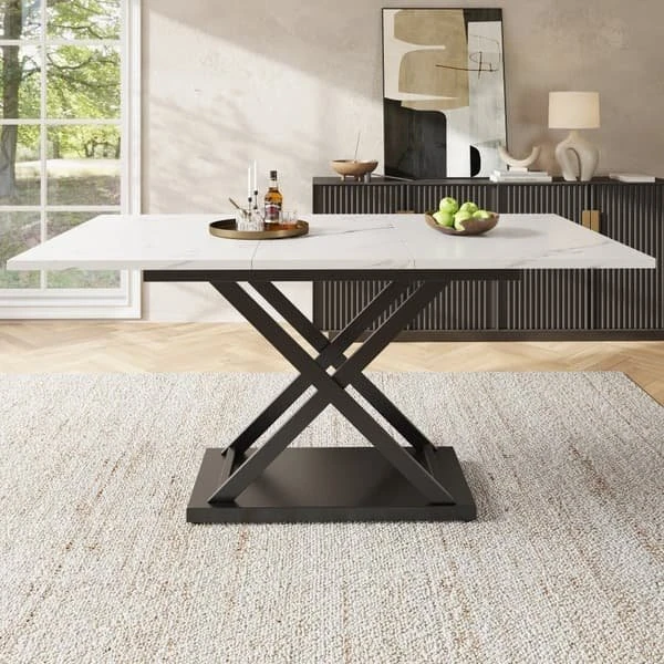 Udtrækkeligt spisebord 120–160×80 cm – Hvidt marmorbord med krydsben