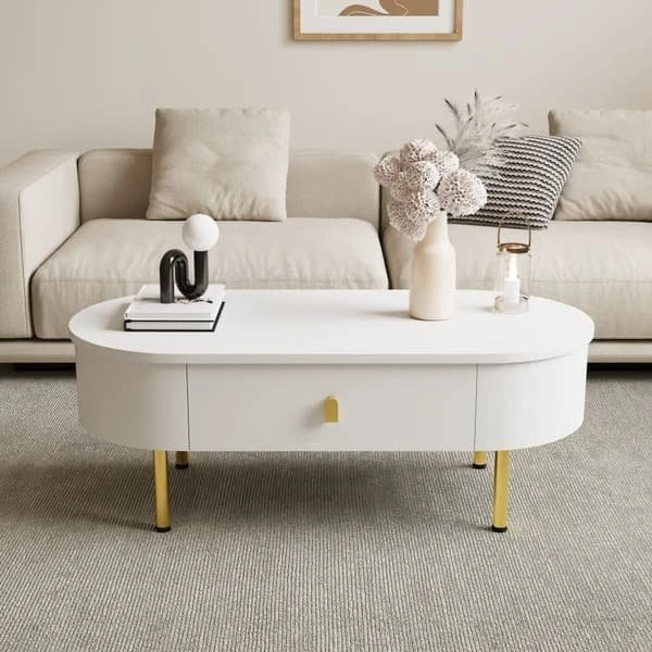 Hvidt sofabord med 2 skuffer og guldfarvede detaljer, 108 cm