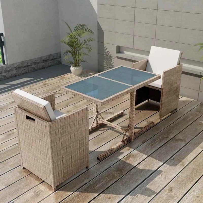 vidaXL bistrosæt 3 dele med hynder i beige polyrattan
