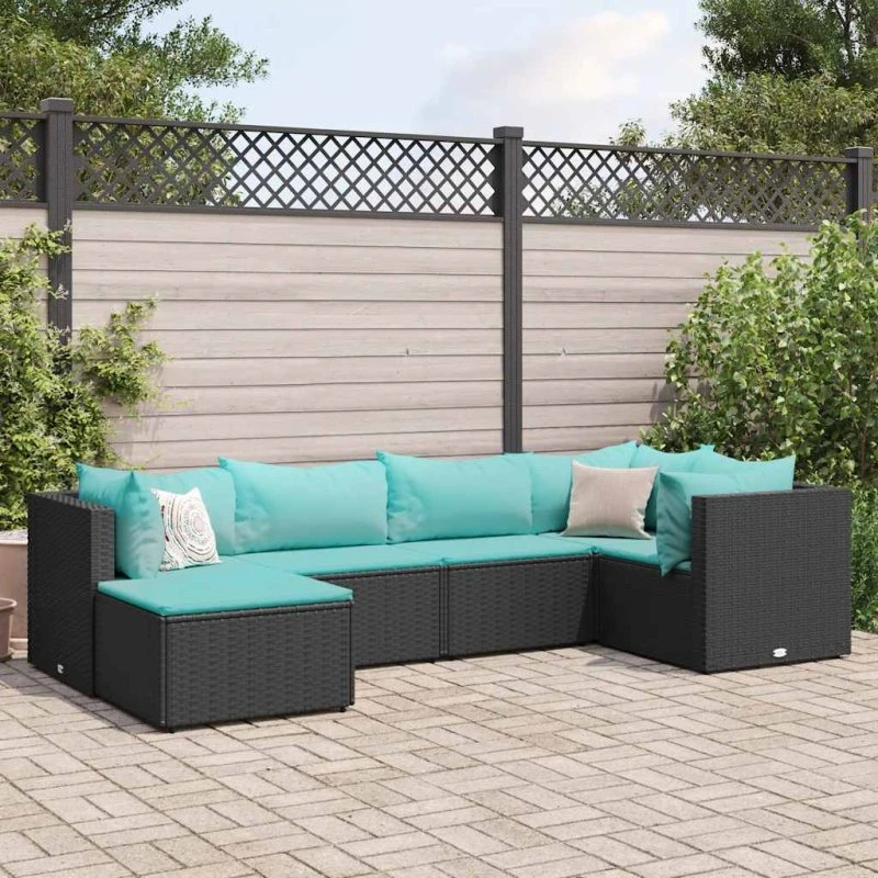 vidaXL loungesæt til haven 6 dele, sort polyrattan med blå hynder