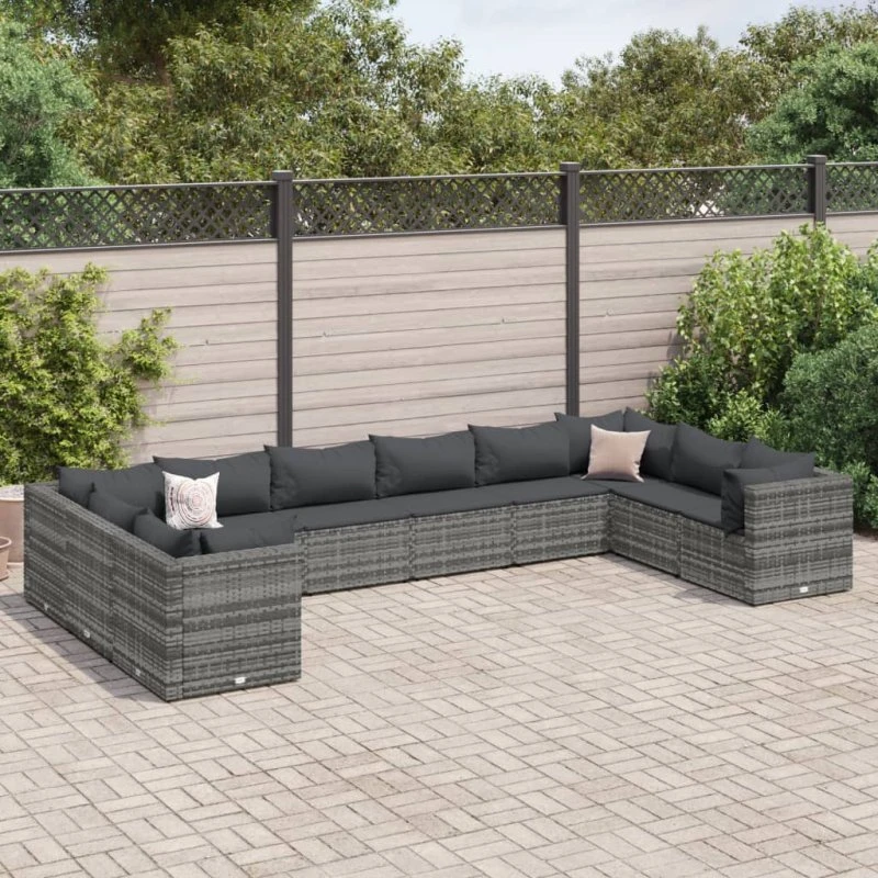 vidaXL loungesæt til haven 10 dele med hynder, polyrattan, grå