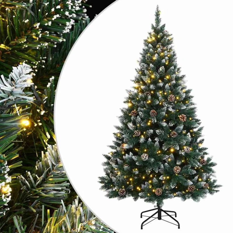 vidaXL kunstigt juletræ med 150 LED-lys, 120 cm, sne og kogler