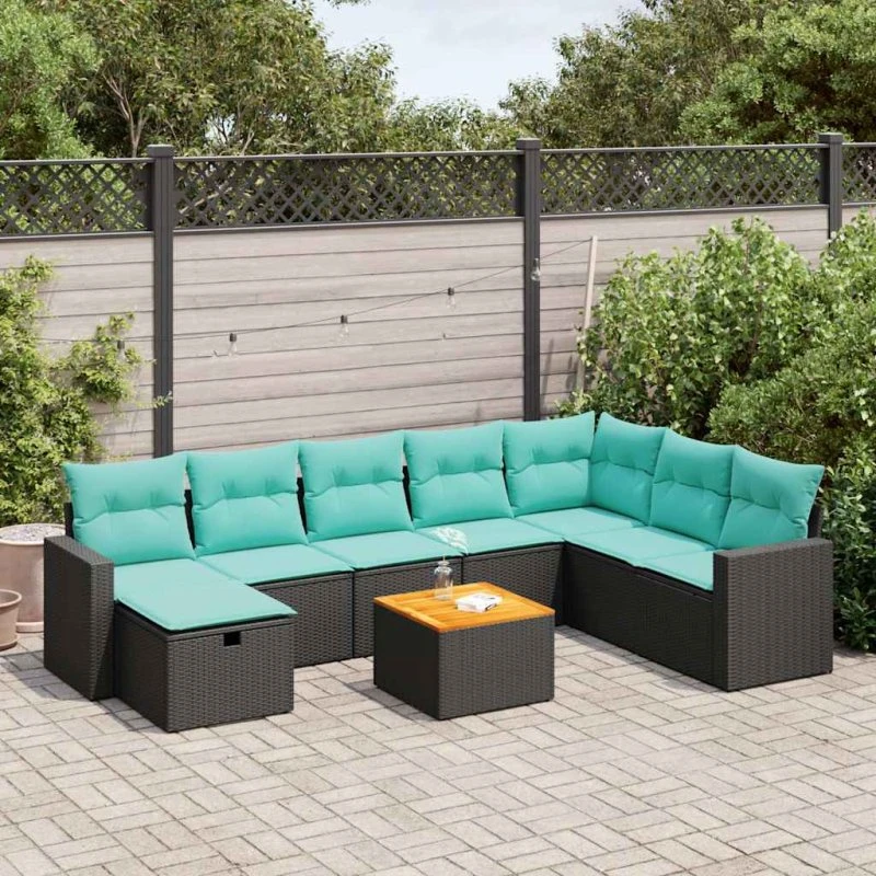 vidaXL havesofasæt 9 dele i sort polyrattan med blå hynder