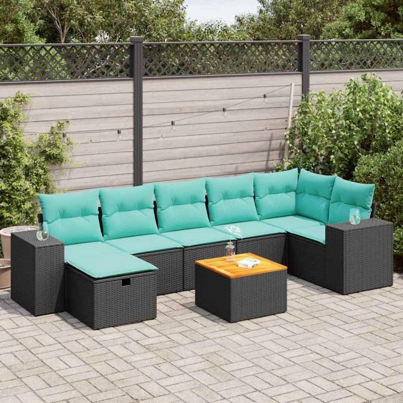 vidaXL havesofasæt 8 dele i sort polyrattan med blå hynder
