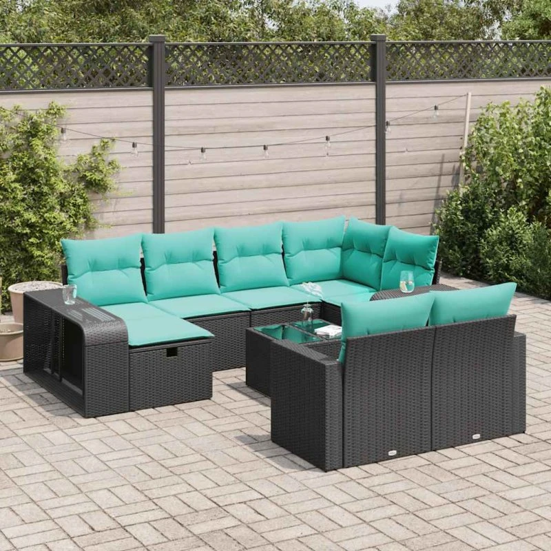 vidaXL havesofasæt 11 dele i sort polyrattan med blå hynder