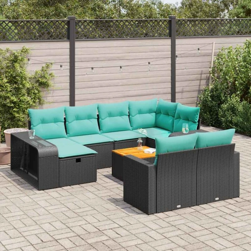 vidaXL havesofasæt i polyrattan, 11 dele, sort med blå hynder