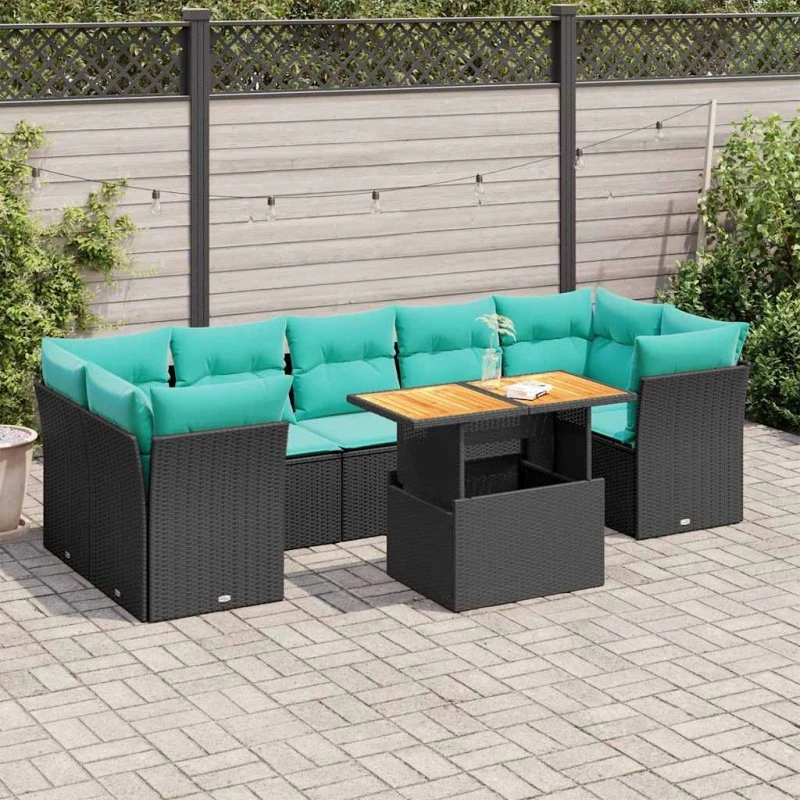 vidaXL havesofasæt 8 dele i sort polyrattan med blå hynder